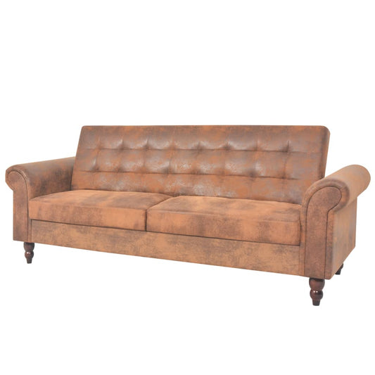 2-seater convertible sofa with armrests in brown faux suede