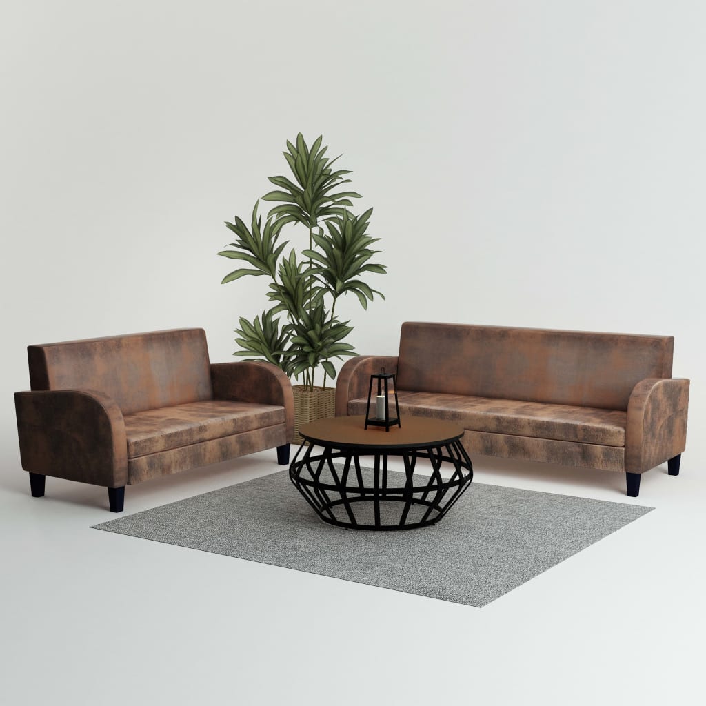 2 pcs sofa set faux suede brown
