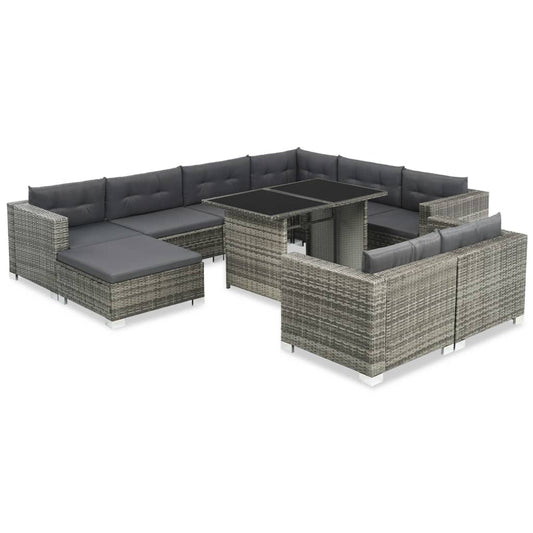 10 pcs conjunto lounge de jardim c/ almofadões vime PE cinzento