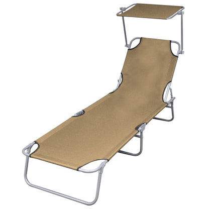 Folding sun lounger with canopy, grey-brown steel