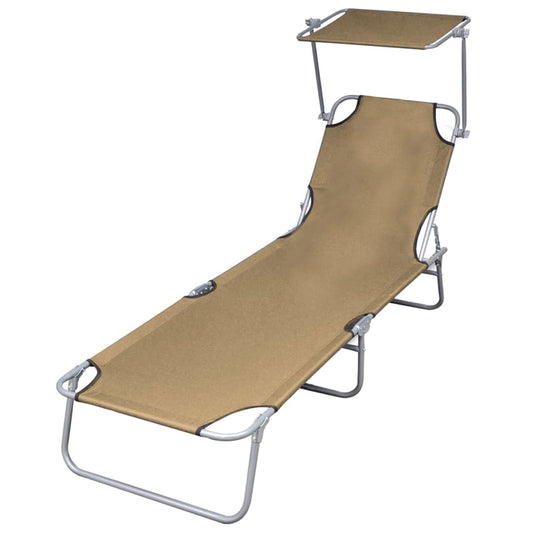 Folding sun lounger with canopy, grey-brown steel