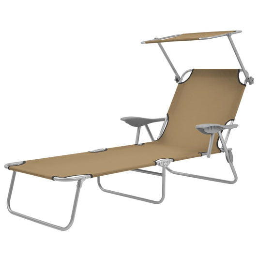Folding sun lounger with canopy, grey-brown steel