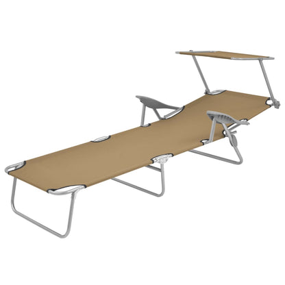 Folding sun lounger with canopy, grey-brown steel