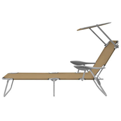 Folding sun lounger with canopy, grey-brown steel