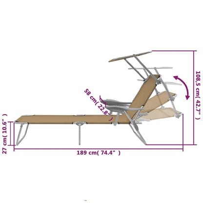 Folding sun lounger with canopy, grey-brown steel