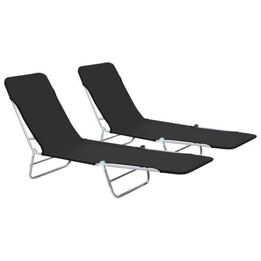 Folding sun loungers 2 pcs steel and black fabric