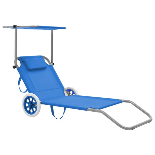 Folding sun lounger with canopy and wheels blue steel