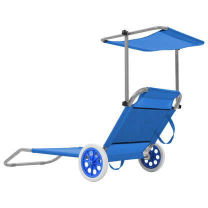 Folding sun lounger with canopy and wheels blue steel