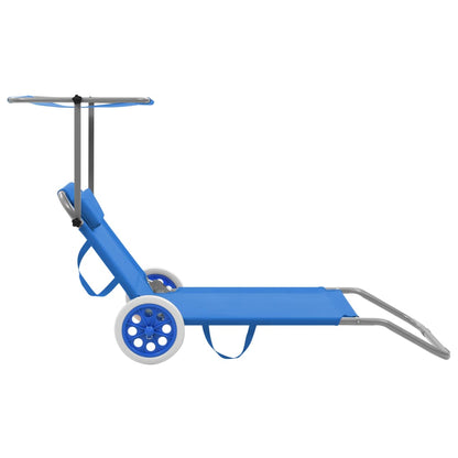 Folding sun lounger with canopy and wheels blue steel