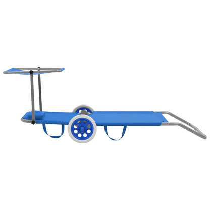 Folding sun lounger with canopy and wheels blue steel
