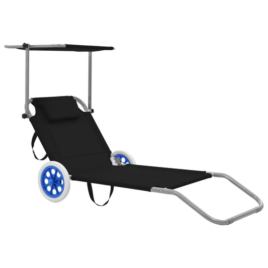 Folding sun lounger with canopy and wheels black steel