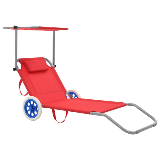 Folding sun lounger with canopy and wheels red steel