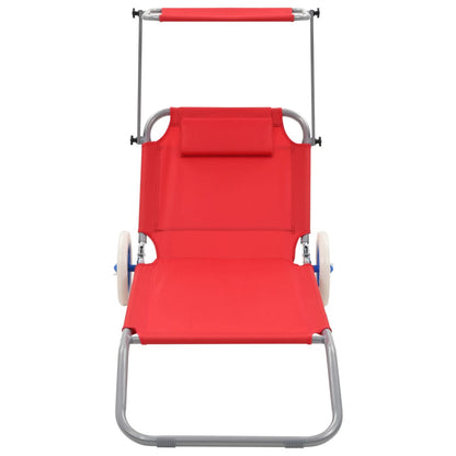 Folding sun lounger with canopy and wheels red steel