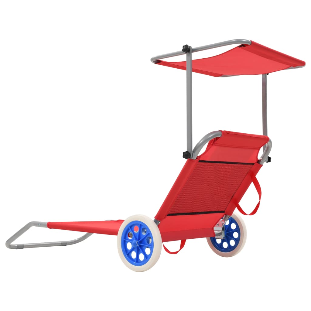 Folding sun lounger with canopy and wheels red steel