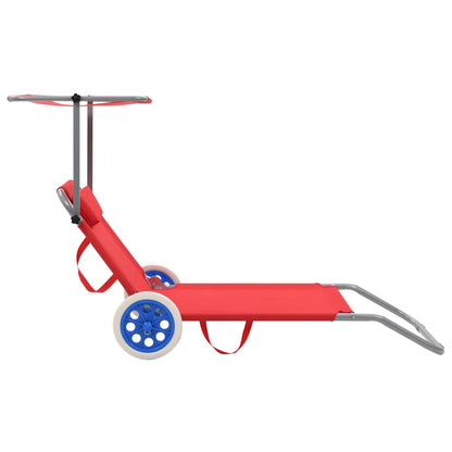 Folding sun lounger with canopy and wheels red steel