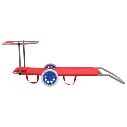 Folding sun lounger with canopy and wheels red steel