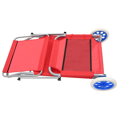 Folding sun lounger with canopy and wheels red steel