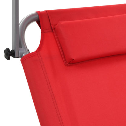 Folding sun lounger with canopy and wheels red steel