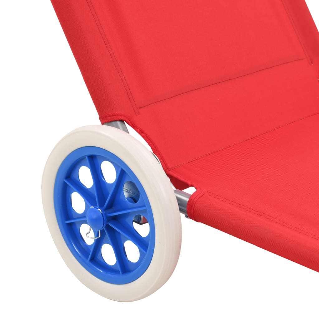 Folding sun lounger with canopy and wheels red steel