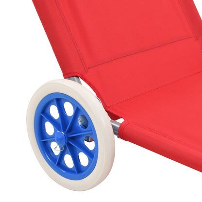 Folding sun lounger with canopy and wheels red steel