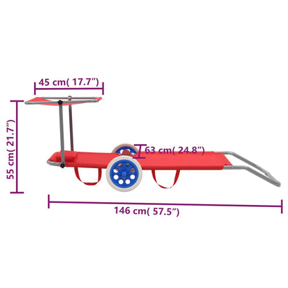 Folding sun lounger with canopy and wheels red steel
