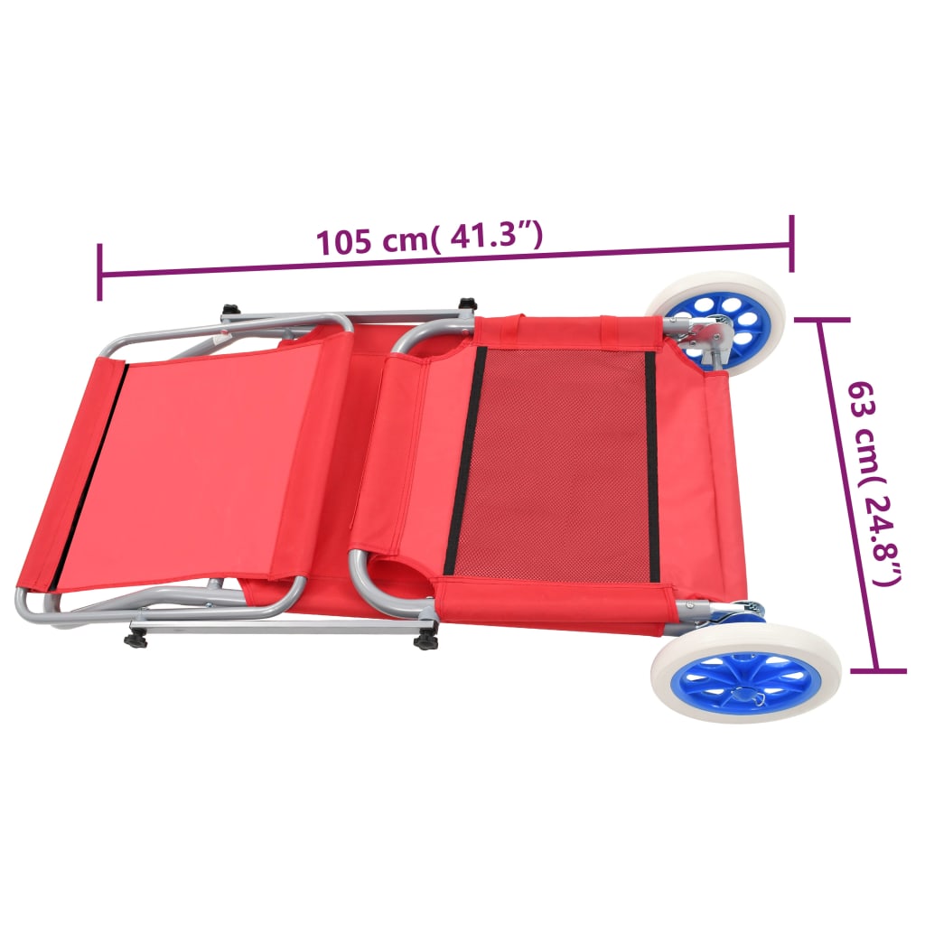 Folding sun lounger with canopy and wheels red steel
