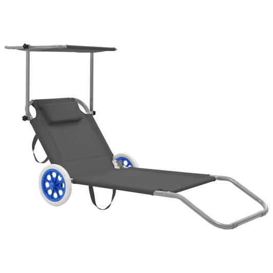 Folding sun lounger with canopy and wheels grey steel