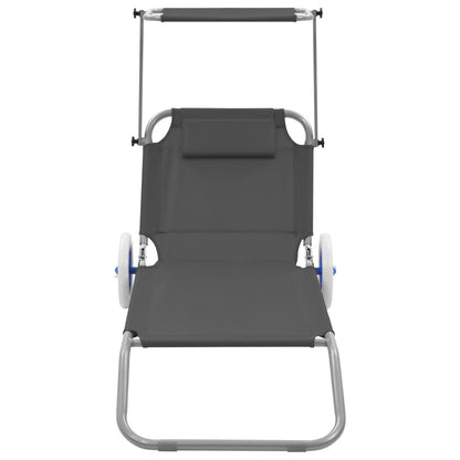 Folding sun lounger with canopy and wheels grey steel