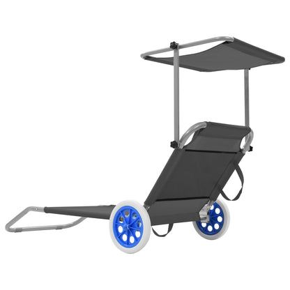 Folding sun lounger with canopy and wheels grey steel