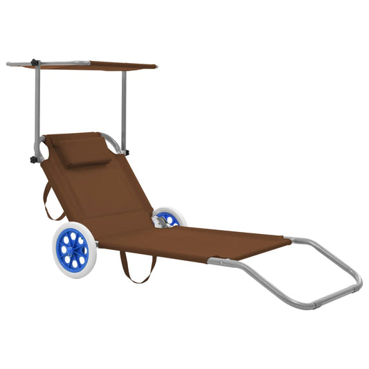 Folding sun lounger with canopy and wheels, grey-brown steel