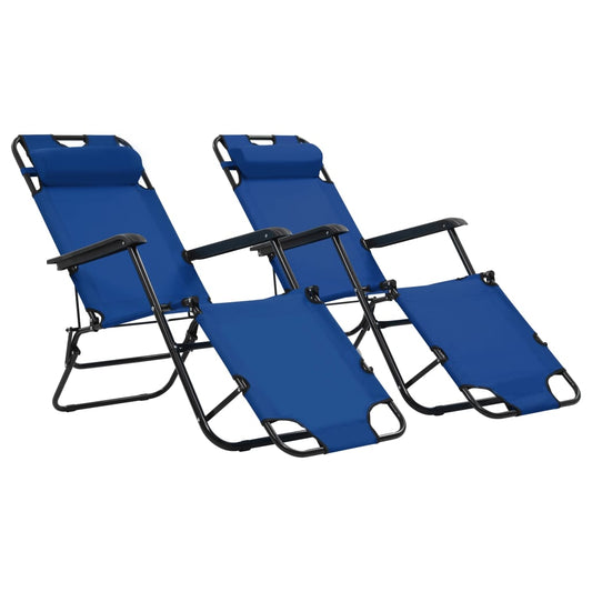 Folding sun loungers with footrests 2 pcs blue steel