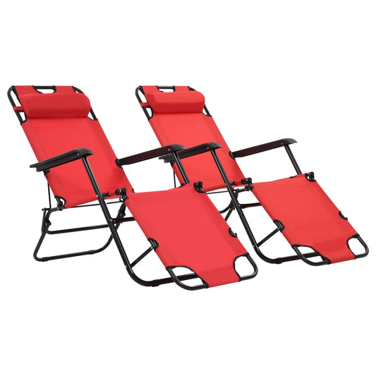 Folding sun loungers with footrest 2 pcs red steel
