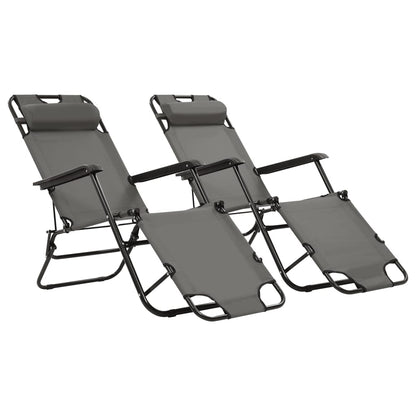 Folding sun loungers with footrest 2 pcs steel grey