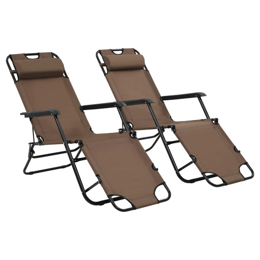 Folding sun loungers with footrest 2 pcs brown steel