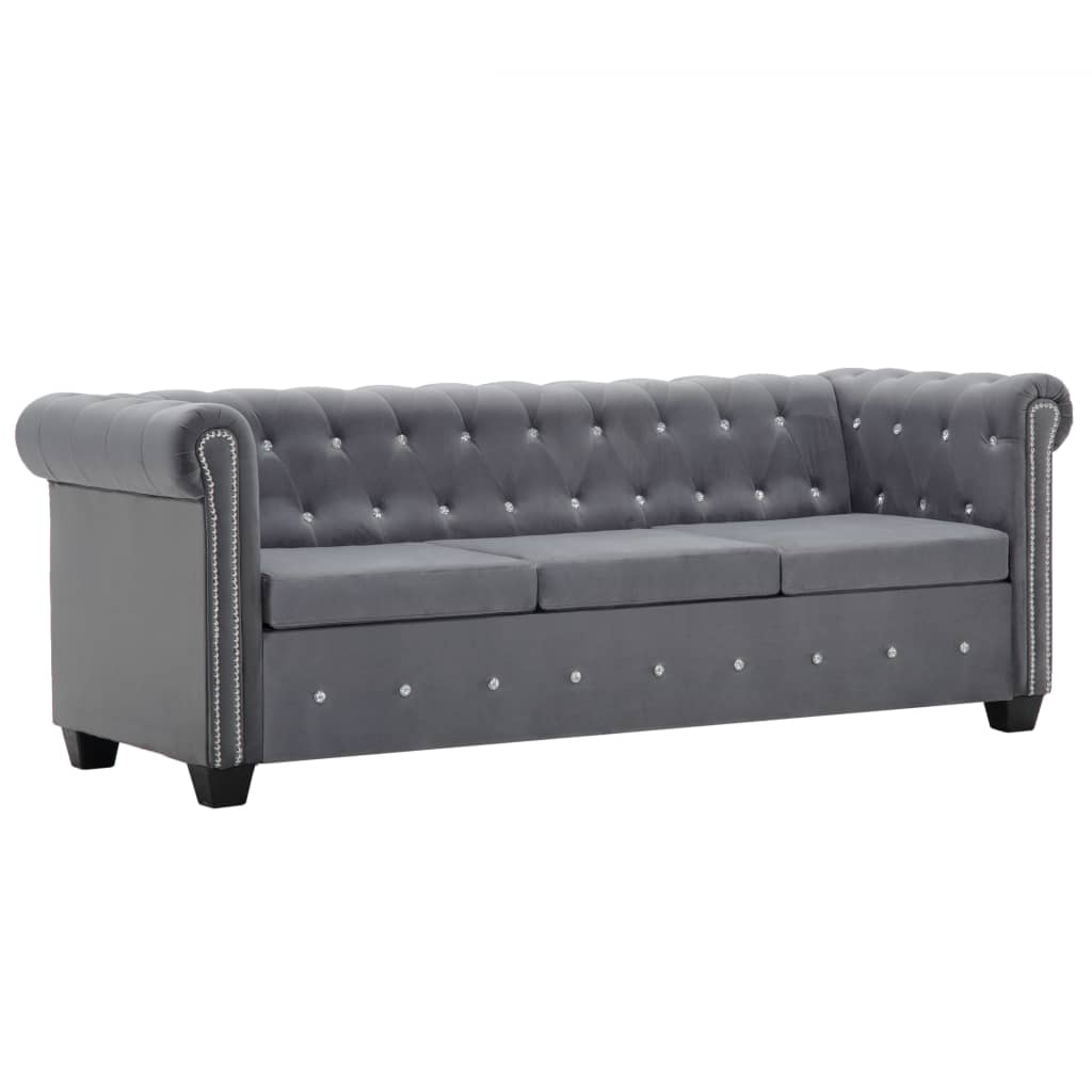 Sofá chesterfield três lugares veludo 199x75x72cm cinzento