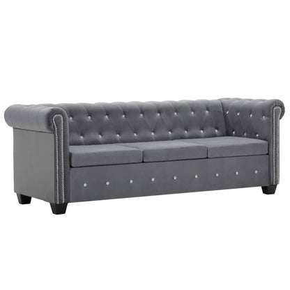 Sofá chesterfield três lugares veludo 199x75x72cm cinzento