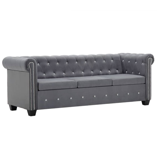 Sofá chesterfield três lugares veludo 199x75x72cm cinzento
