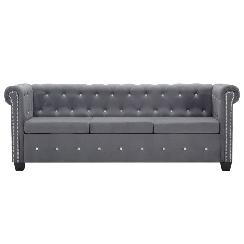 Sofá chesterfield três lugares veludo 199x75x72cm cinzento