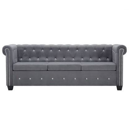 Sofá chesterfield três lugares veludo 199x75x72cm cinzento