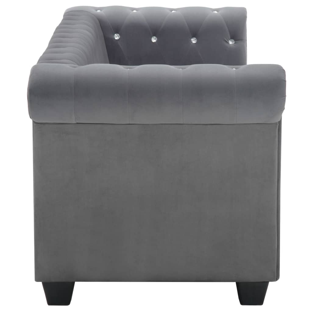 Sofá chesterfield três lugares veludo 199x75x72cm cinzento