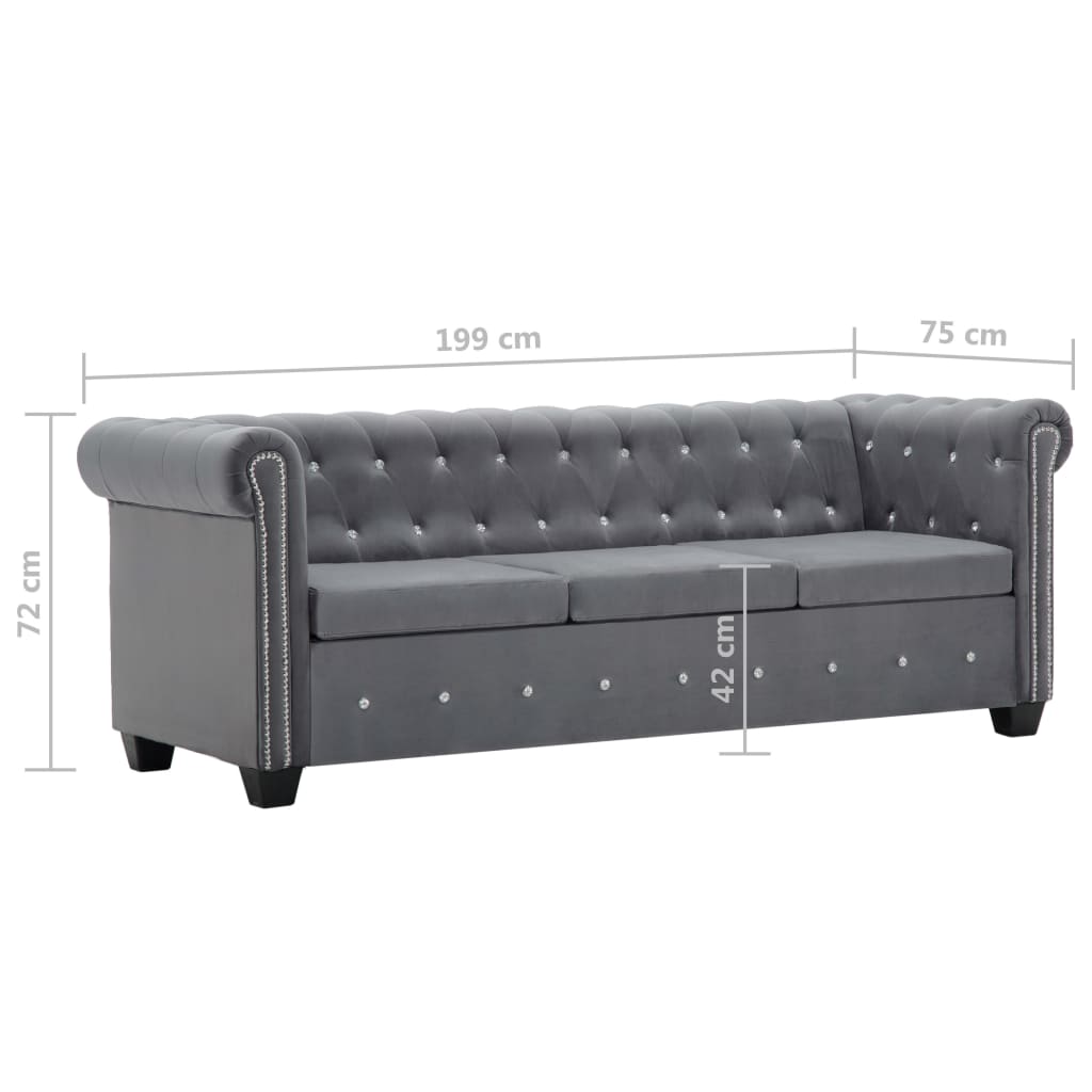 Sofá chesterfield três lugares veludo 199x75x72cm cinzento