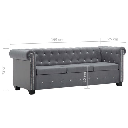 Sofá chesterfield três lugares veludo 199x75x72cm cinzento