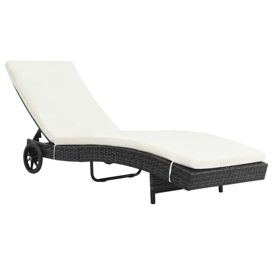 Sun lounger with wheels and cushion in black PE wicker
