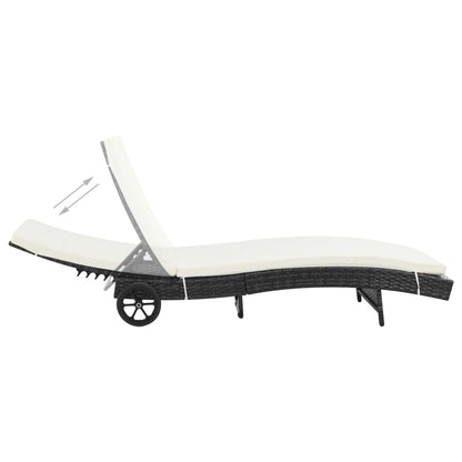 Sun lounger with wheels and cushion in black PE wicker