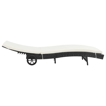 Sun lounger with wheels and cushion in black PE wicker