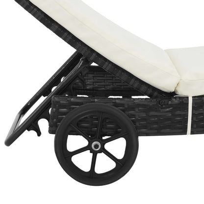 Sun lounger with wheels and cushion in black PE wicker