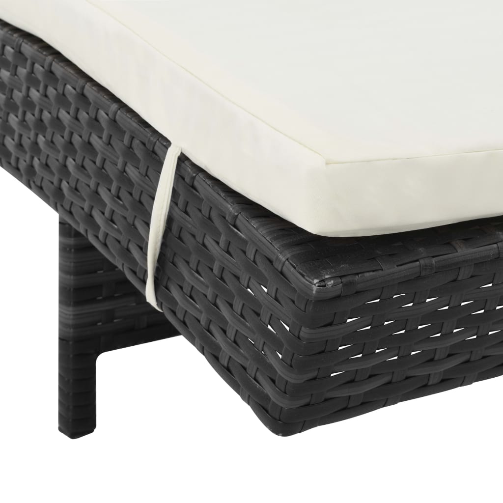 Sun lounger with wheels and cushion in black PE wicker