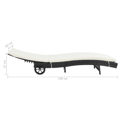 Sun lounger with wheels and cushion in black PE wicker
