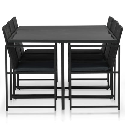 7 pcs conjunto jantar exterior com almofadões vime PE preto