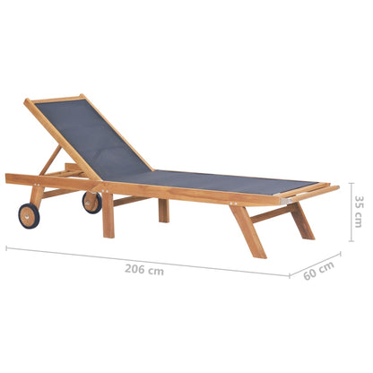 Folding sun lounger with wheels solid teak and textilene